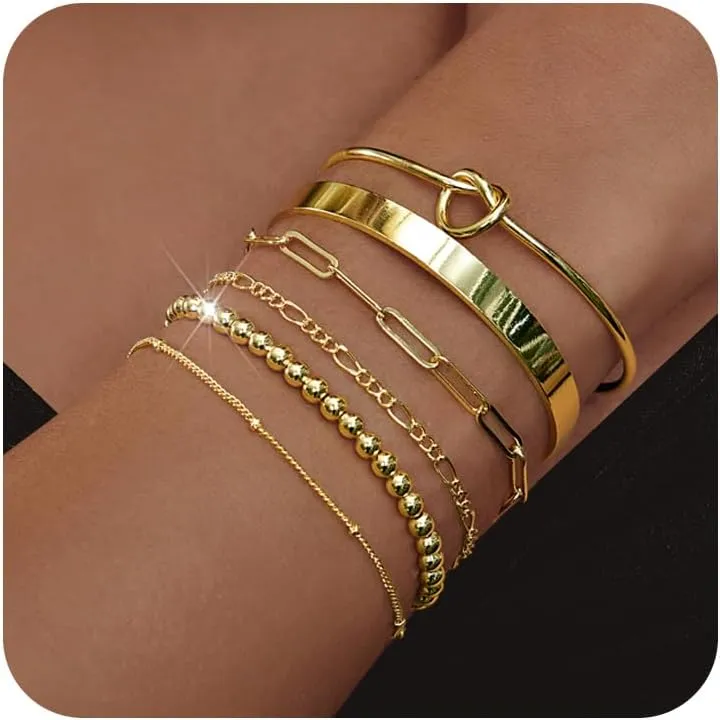 Gold Bracelets for Women 18k Gold Plated Bracelet Stack Bangle Cuff Bracelet Set for Women Non Tarnish Beaded/Paperclip/Cuban Link Chain Bracelets Jewelry for Women Trendy