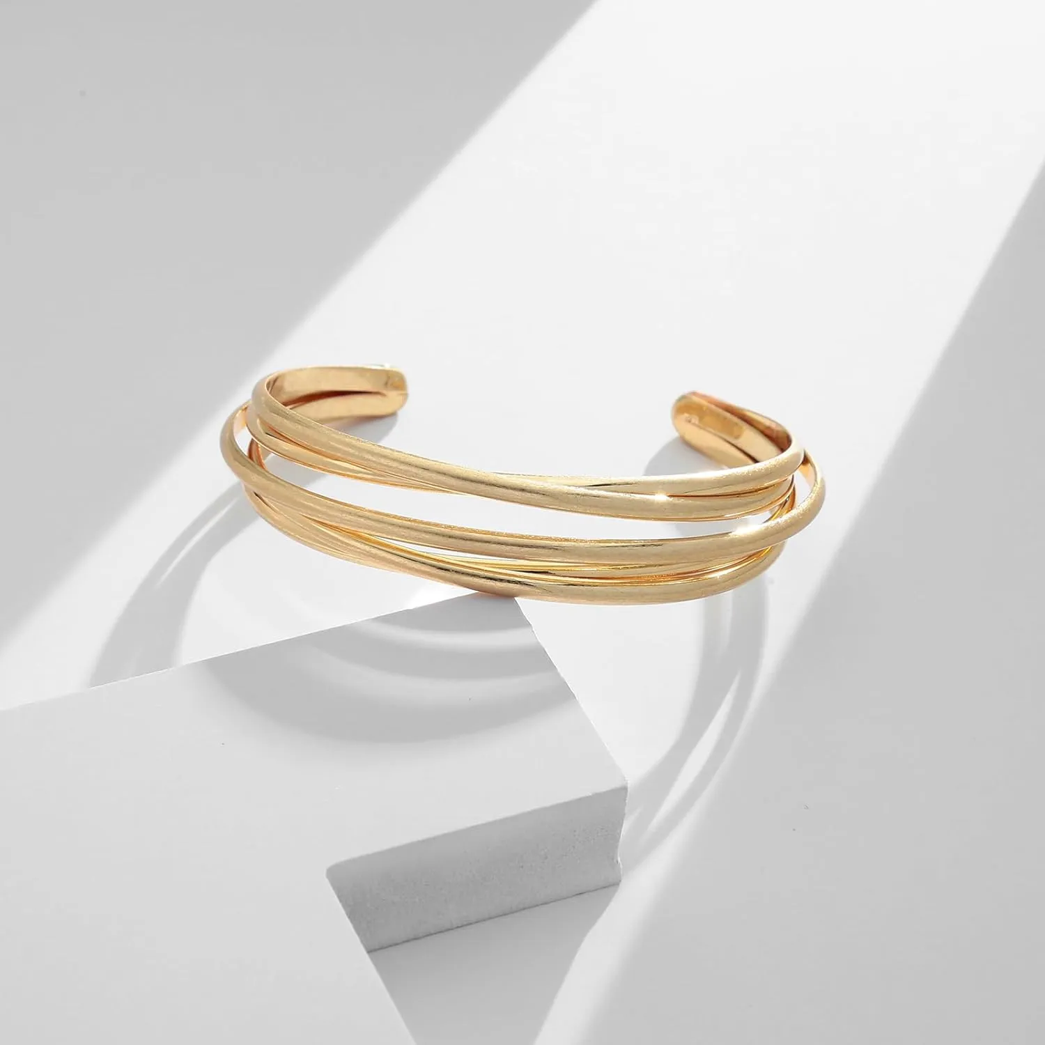 Gold Cuff Bracelet for Women Chunky Multi-layer Cross Wire Open Bracelet Hollow Wide Cuff Bracelets Adjustable Gold Open Cuff Bangle Bracelet