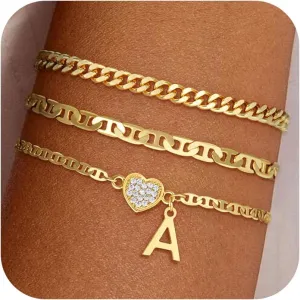Heart Initial Bracelets for Women, 14K Gold Plated Letter A-Z Stacked Bracelet Dainty Gold Heart Bracelet Personalized Gold initial Bracelets Jewelry Gifts for Women Trendy