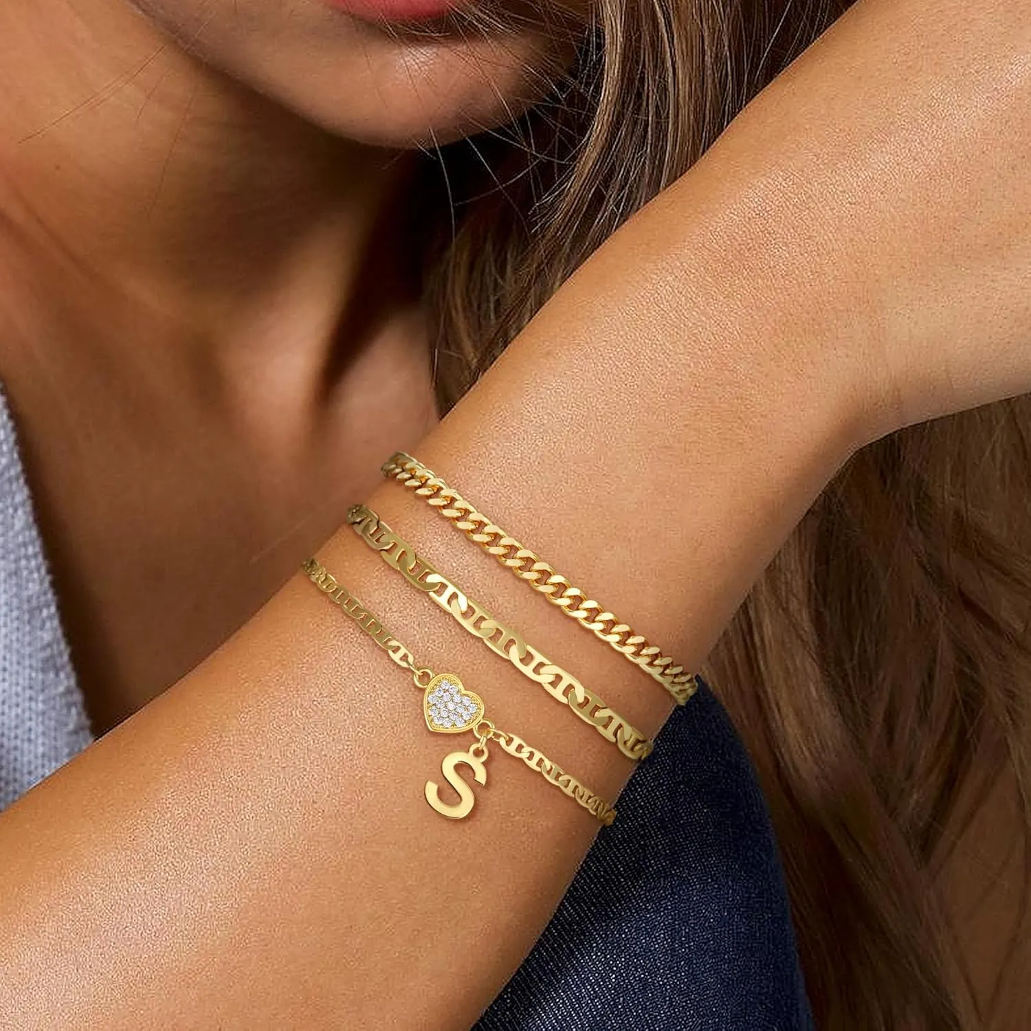 Heart Initial Bracelets for Women, 14K Gold Plated Letter A-Z Stacked Bracelet Dainty Gold Heart Bracelet Personalized Gold initial Bracelets Jewelry Gifts for Women Trendy