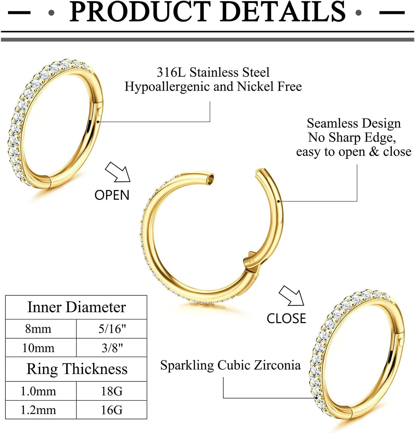 Jstyle 5Pcs 18G 16G Surgical Steel Nose Rings Hoop for Women Opal CZ Clicker Hinged Septum Nose Ring Lip Helix Cartilage Hoop Earring Daith Rook Conch Piercing Jewelry for Women 8mm 10mm