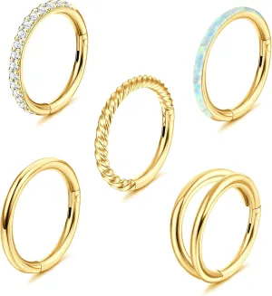 Jstyle 5Pcs 18G 16G Surgical Steel Nose Rings Hoop for Women Opal CZ Clicker Hinged Septum Nose Ring Lip Helix Cartilage Hoop Earring Daith Rook Conch Piercing Jewelry for Women 8mm 10mm