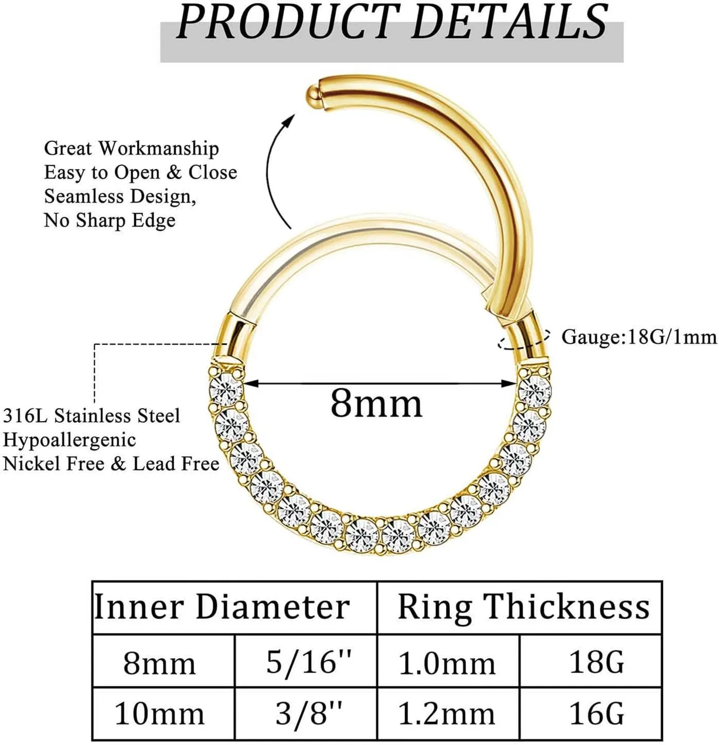 Jstyle 6Pcs 16G 18G Septum Rings Surgical Steel Nose Rings Hoop for Women Opal CZ Daith Cartilage Hoop Earring Clicker Septum Jewelry Hinged Hoop Nose Ring Lip Helix Rook Tragus Piercing Jewelry