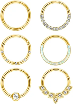 Jstyle 6Pcs 16G 18G Septum Rings Surgical Steel Nose Rings Hoop for Women Opal CZ Daith Cartilage Hoop Earring Clicker Septum Jewelry Hinged Hoop Nose Ring Lip Helix Rook Tragus Piercing Jewelry