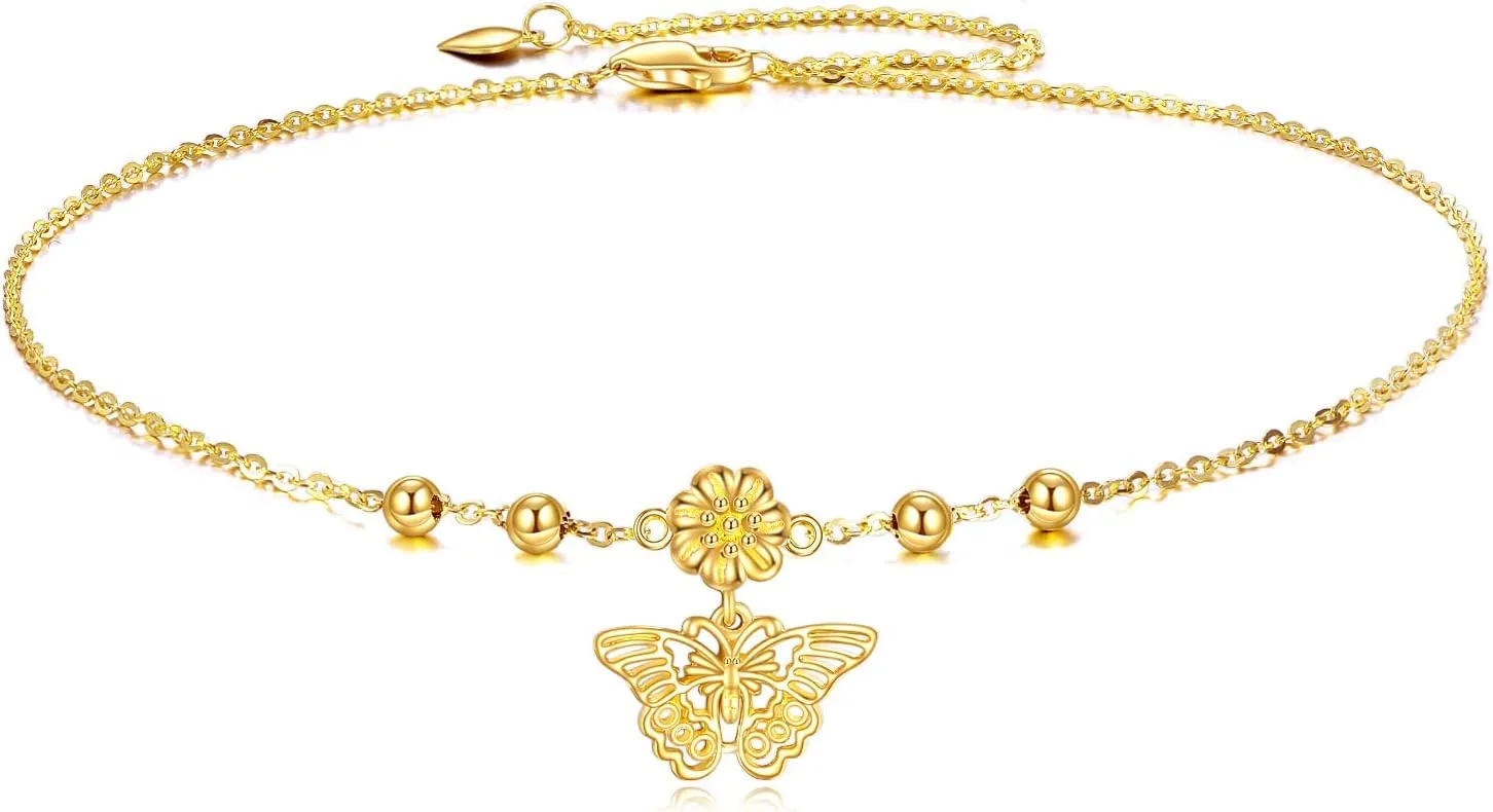 KECHO Butterfly Ankle Bracelets for Women Girls Yellow Gold Daisy Flower Butterfly Anklets Adjustable Link Chain Anklet Jewelry Gifts