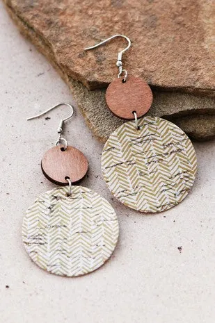 Khaki Printed Cork And Wood Dangle Drop Earrings
