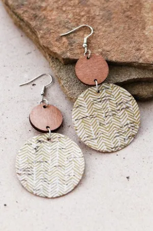Khaki Printed Cork And Wood Dangle Drop Earrings