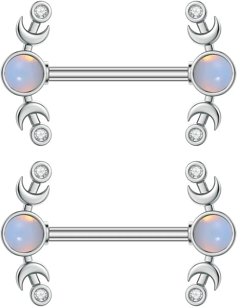 Kokoma 14G CZ Heart Nipple Rings Rhinestone Opal Simple Moon Nipple Shield Barbell Ring Nipple Barbells Tongue Ring Piercing Nipplerings Dainty Body Piercing Jewelry for Women