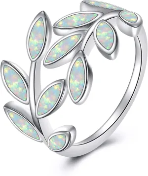 KZX White Opal Leaf Ring for Women S925 Sterling Silver Open Leaf Ring Jewelry Gift for Mother Wife