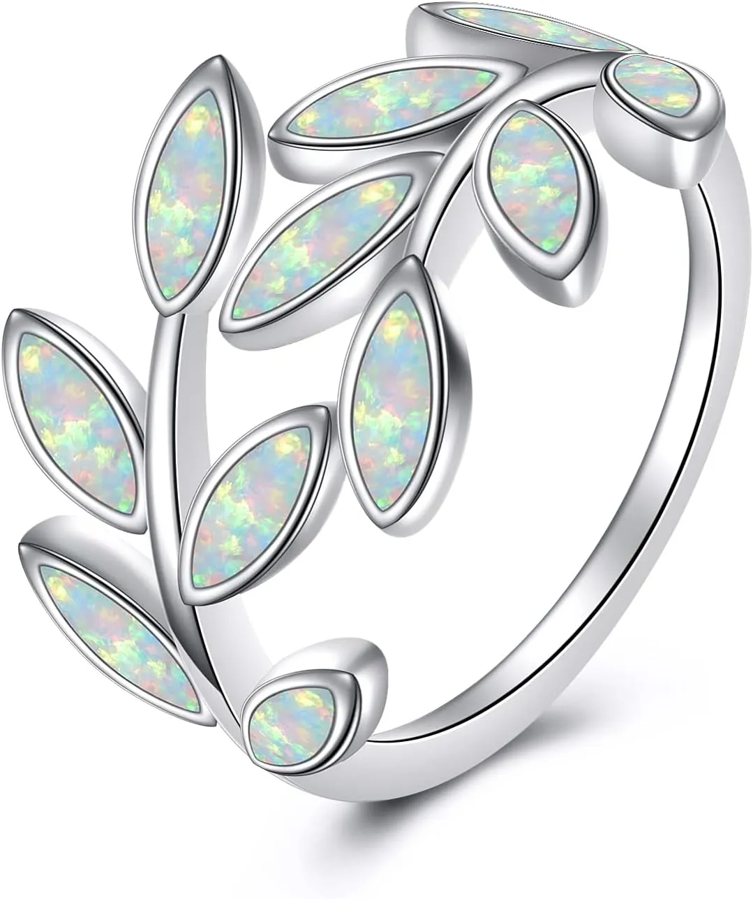 KZX White Opal Leaf Ring for Women S925 Sterling Silver Open Leaf Ring Jewelry Gift for Mother Wife