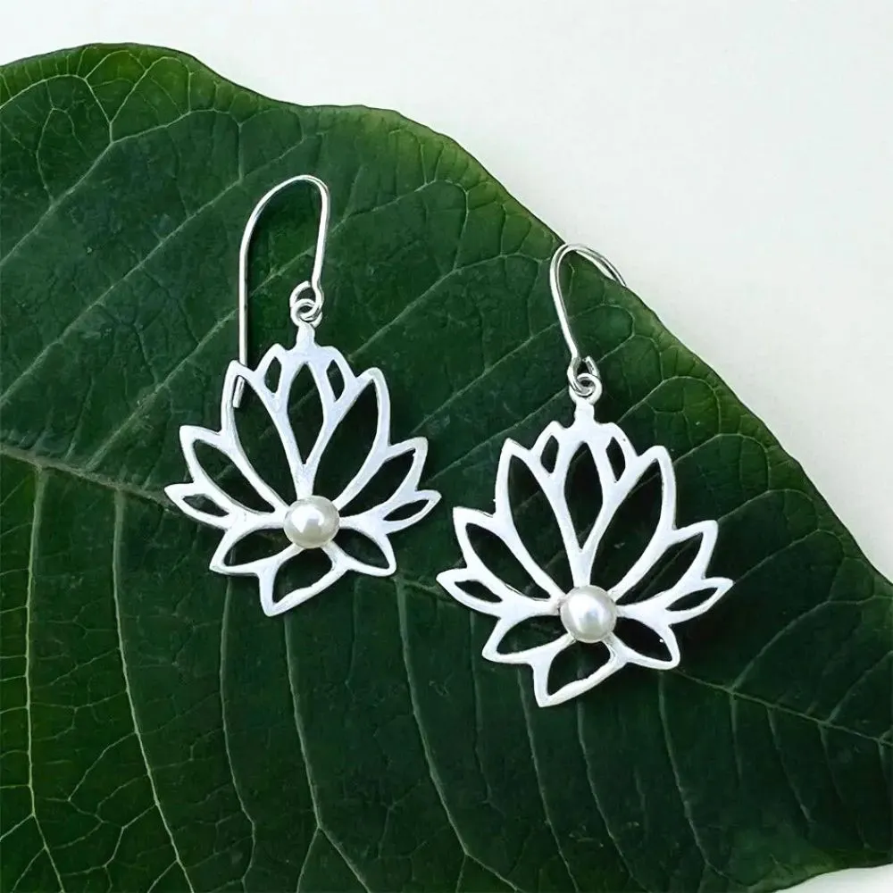 Lotus Sterling Silver and Pearl Earrings
