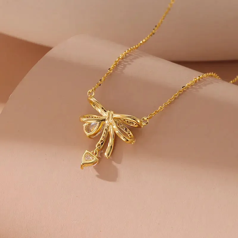 LOVCIA Light Luxury Cute Bow 925 Sterling Silver Pendant Necklace for Women