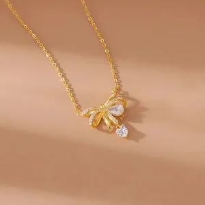 LOVCIA Light Luxury Cute Bow 925 Sterling Silver Pendant Necklace for Women