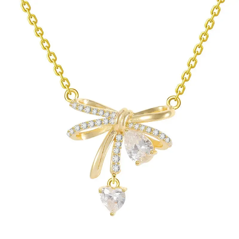 LOVCIA Light Luxury Cute Bow 925 Sterling Silver Pendant Necklace for Women