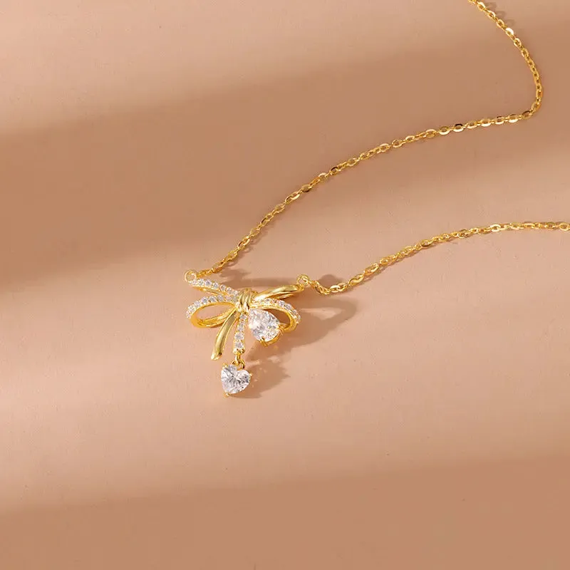 LOVCIA Light Luxury Cute Bow 925 Sterling Silver Pendant Necklace for Women