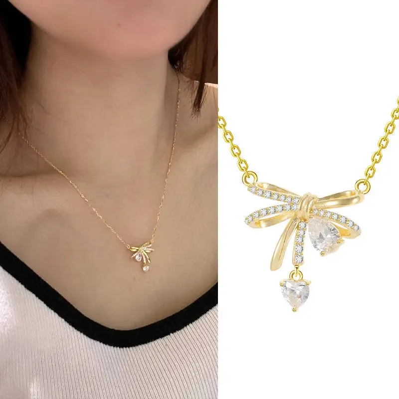 LOVCIA Light Luxury Cute Bow 925 Sterling Silver Pendant Necklace for Women