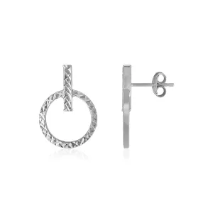 LOVCIA Luxury Classic 14k White Gold Circle and Bar Post Earrings with Textured Finish