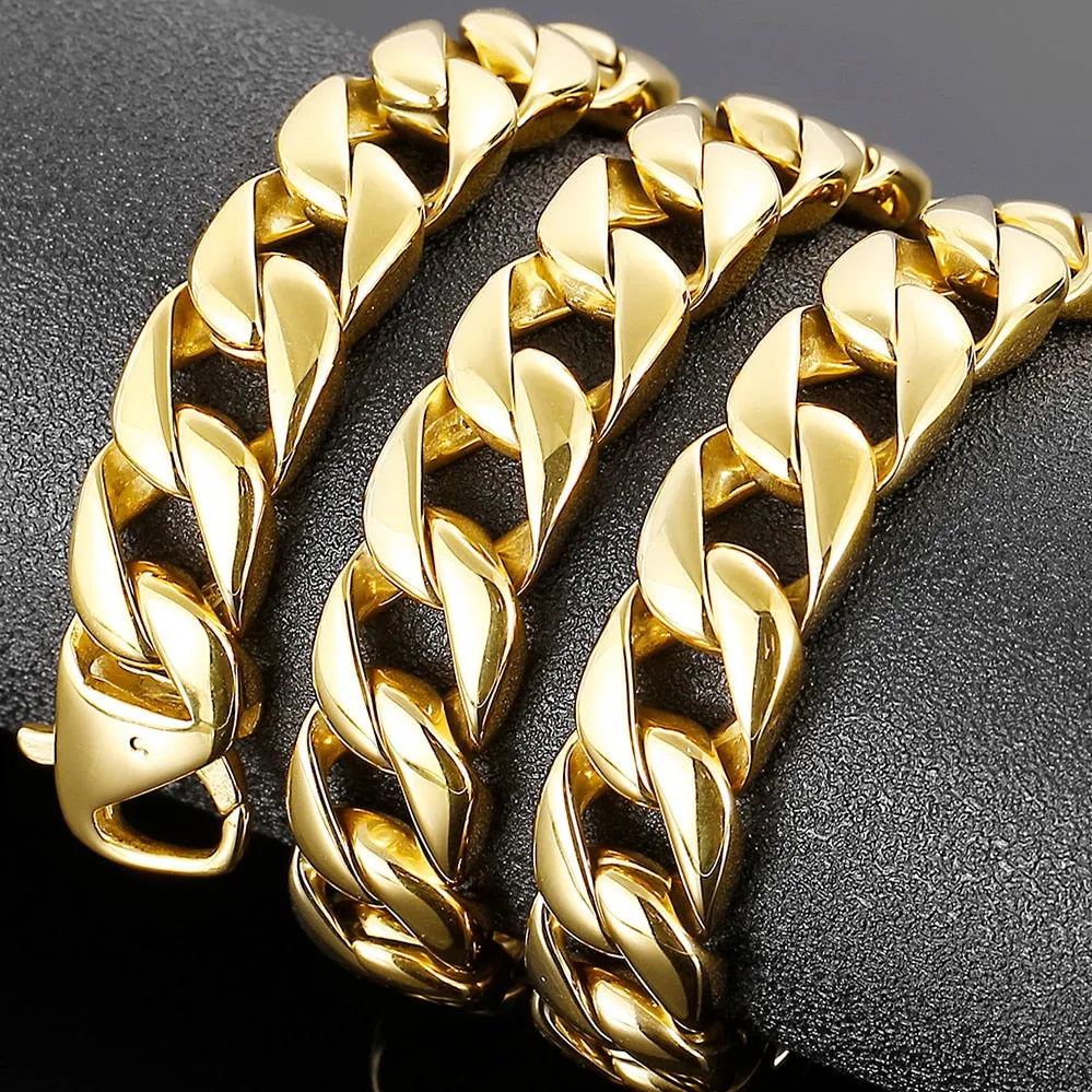Luxury 15MM Gold Plated Stainless Steel Chunky Miami Cuban Link Chain Necklace