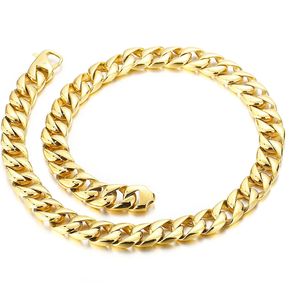 Luxury 15MM Gold Plated Stainless Steel Chunky Miami Cuban Link Chain Necklace