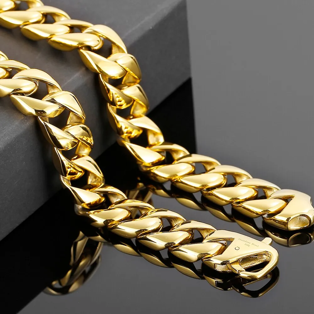Luxury 15MM Gold Plated Stainless Steel Chunky Miami Cuban Link Chain Necklace
