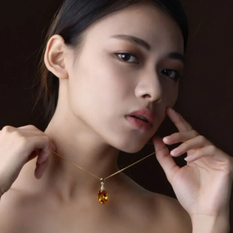Luxury Citrine Gemstone Pendant Necklace 18K Gold For Women Jewelry