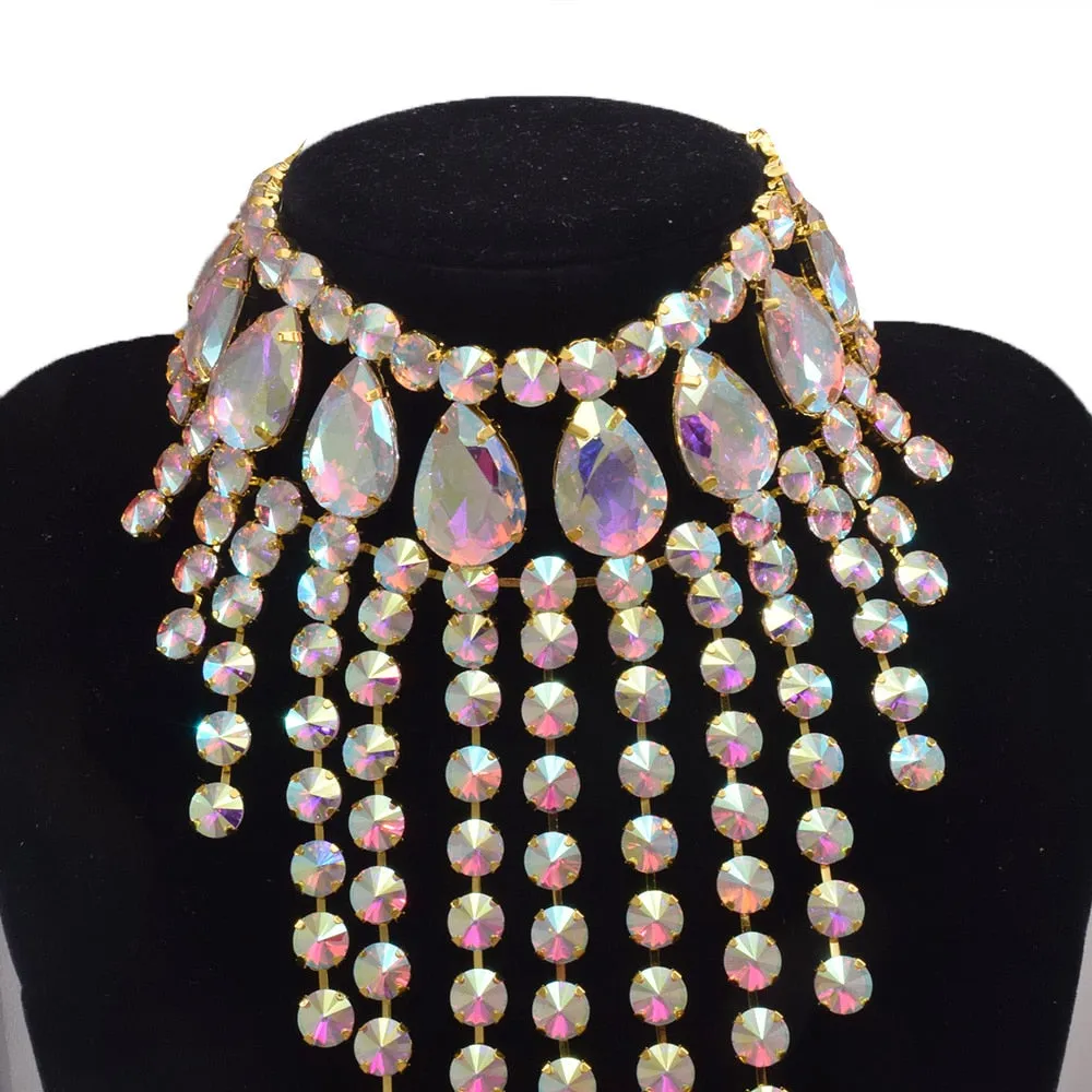 Luxury Glass Crystal AB Gemstone Tassel Necklace Choker for Women Men