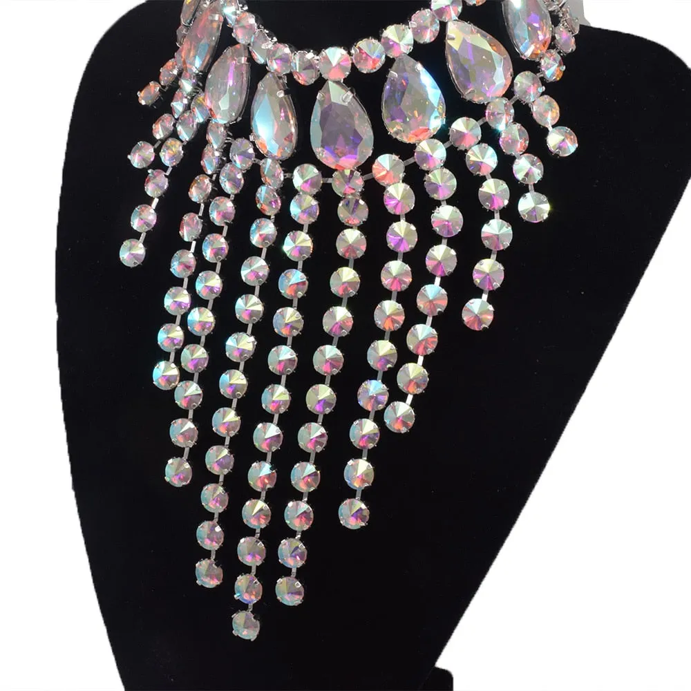 Luxury Glass Crystal AB Gemstone Tassel Necklace Choker for Women Men