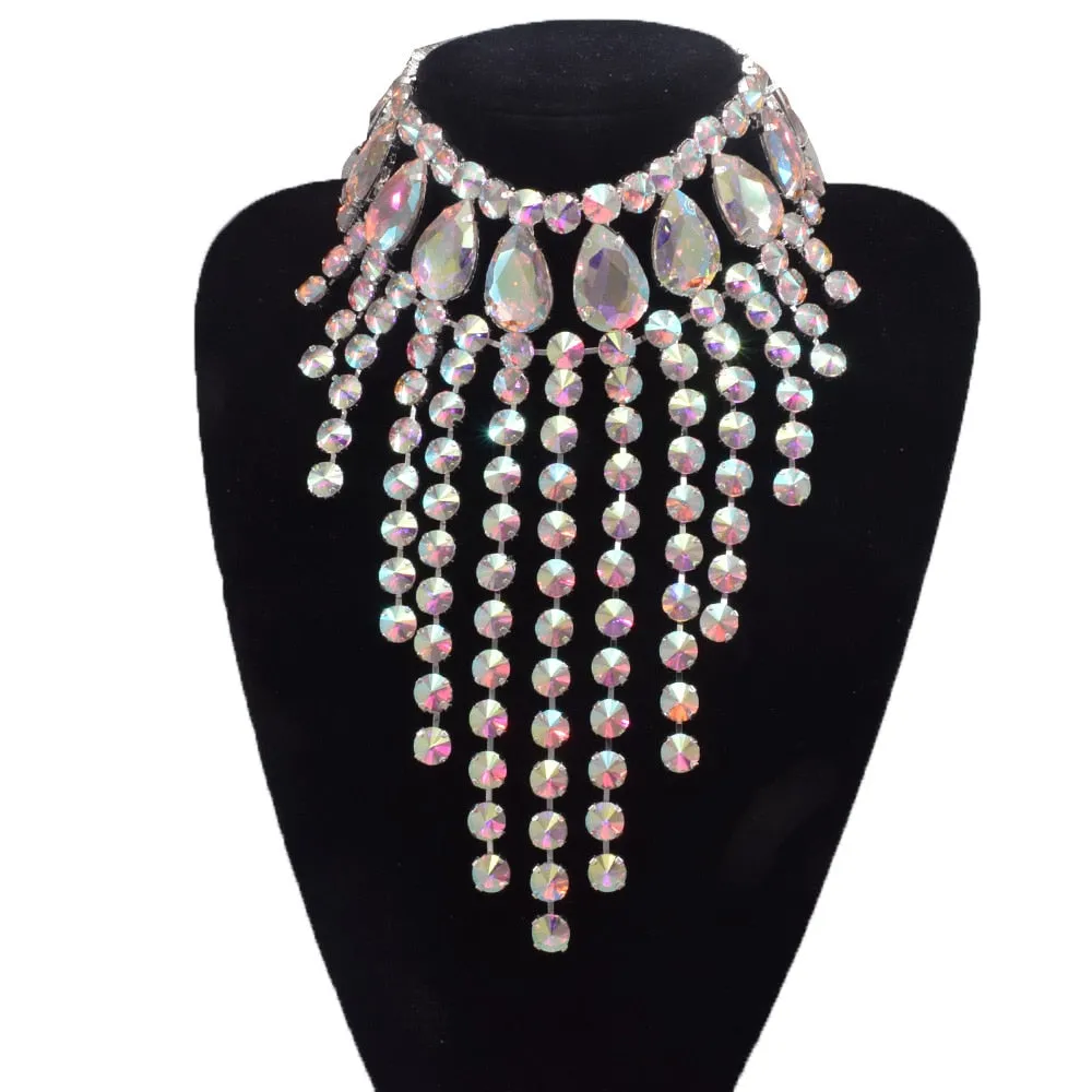 Luxury Glass Crystal AB Gemstone Tassel Necklace Choker for Women Men