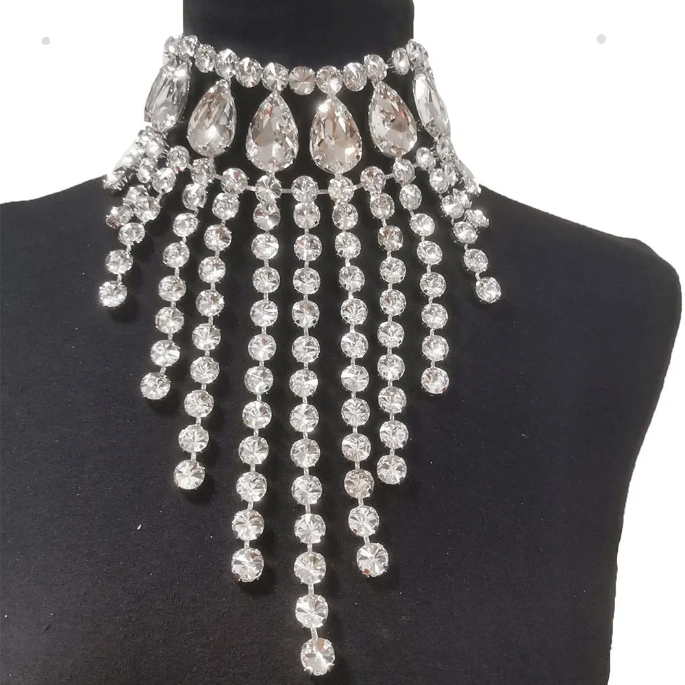 Luxury Glass Crystal AB Gemstone Tassel Necklace Choker for Women Men
