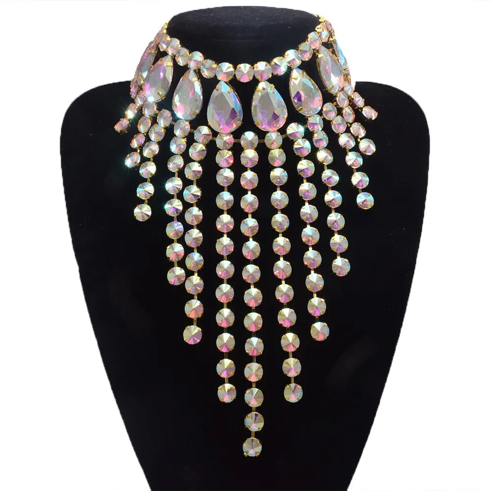 Luxury Glass Crystal AB Gemstone Tassel Necklace Choker for Women Men