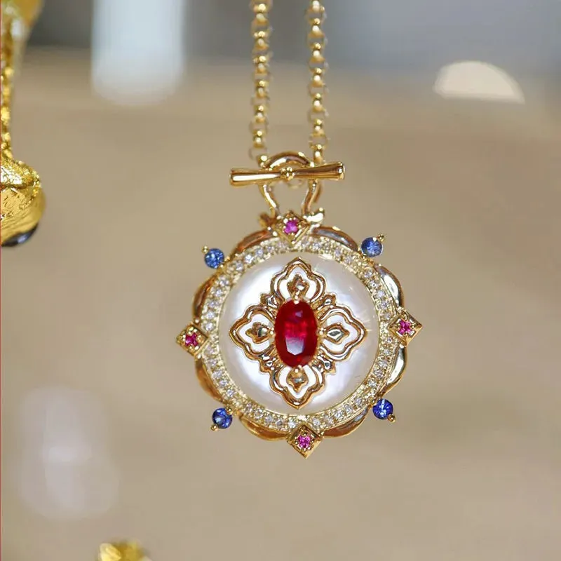 Luxury Retro Red Crystal Natural White Shell Stone Jewelry Pendant Necklace for Women