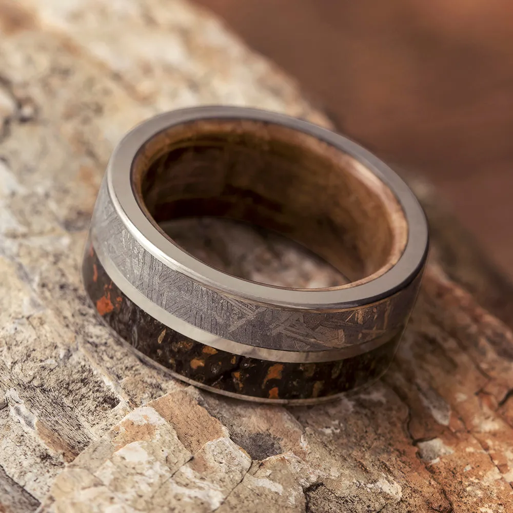 Meteorite Ring, Dinosaur Bone Wedding Band with Whiskey Barrel Sleeve