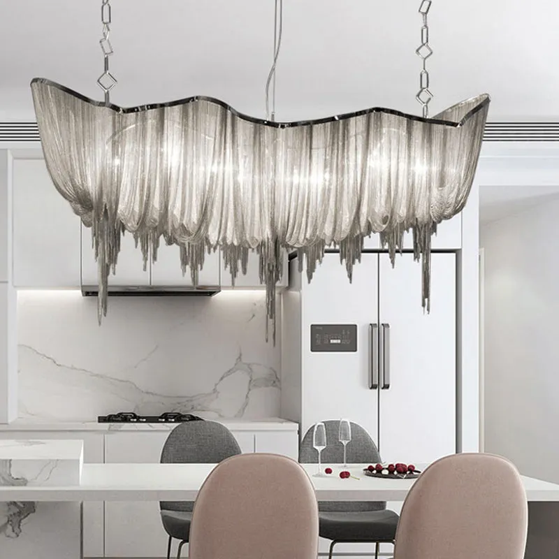Modern Minimalist LED Chandelier with Aluminum Draped Chains - Perfect for Dining Rooms