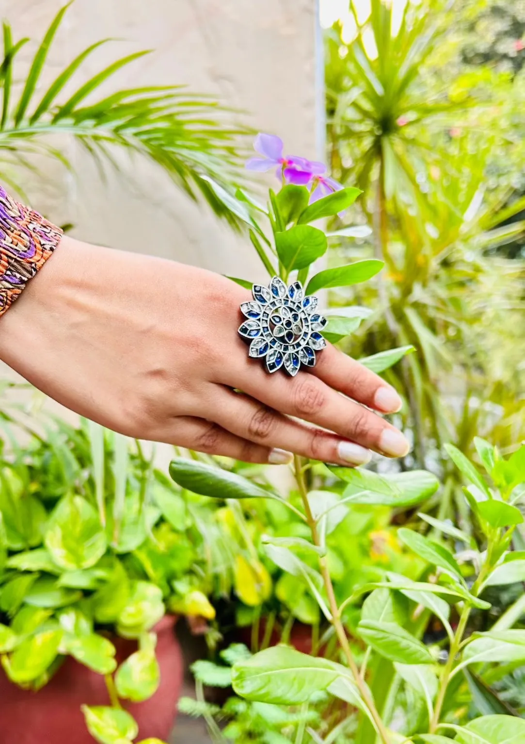 Myra Oxidised Blue Floral Adjustable Ring