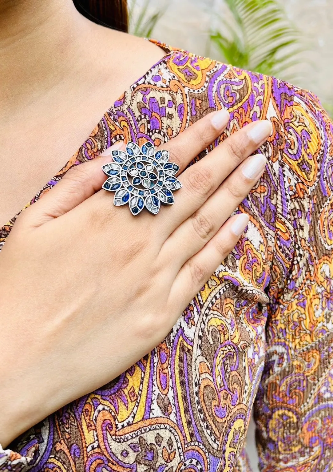 Myra Oxidised Blue Floral Adjustable Ring