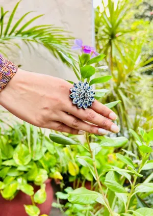 Myra Oxidised Blue Floral Adjustable Ring