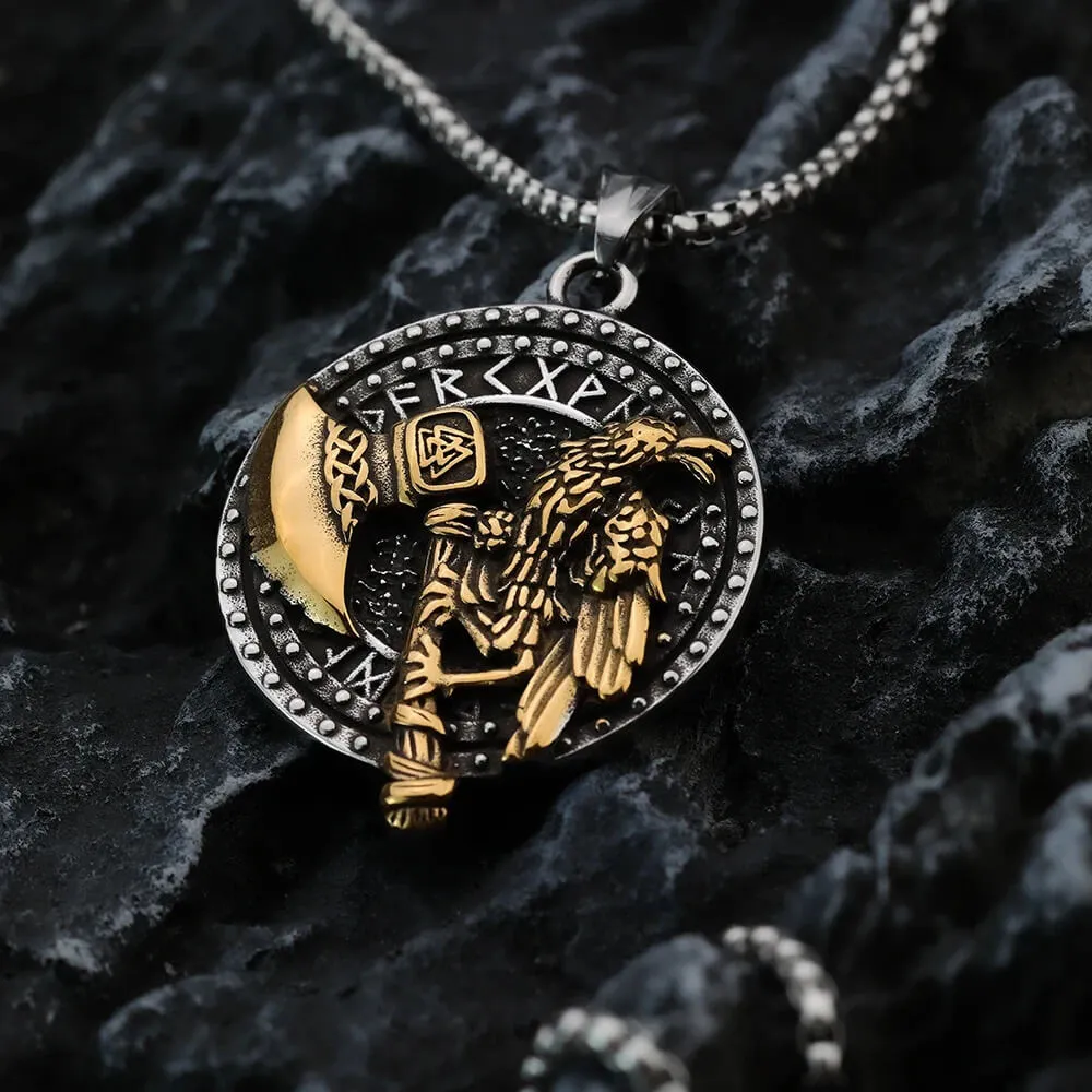Nordic Rune Viking Axe Crow Pendant Necklace Stainless Steel
