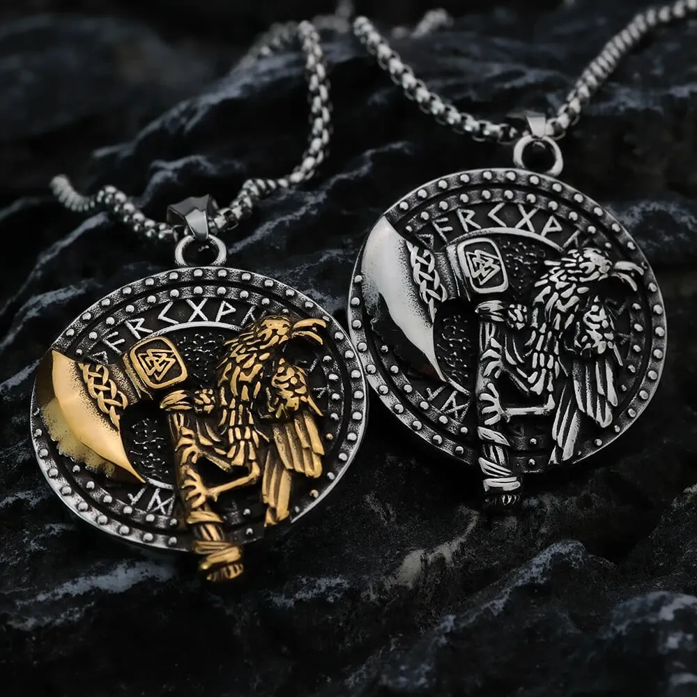 Nordic Rune Viking Axe Crow Pendant Necklace Stainless Steel
