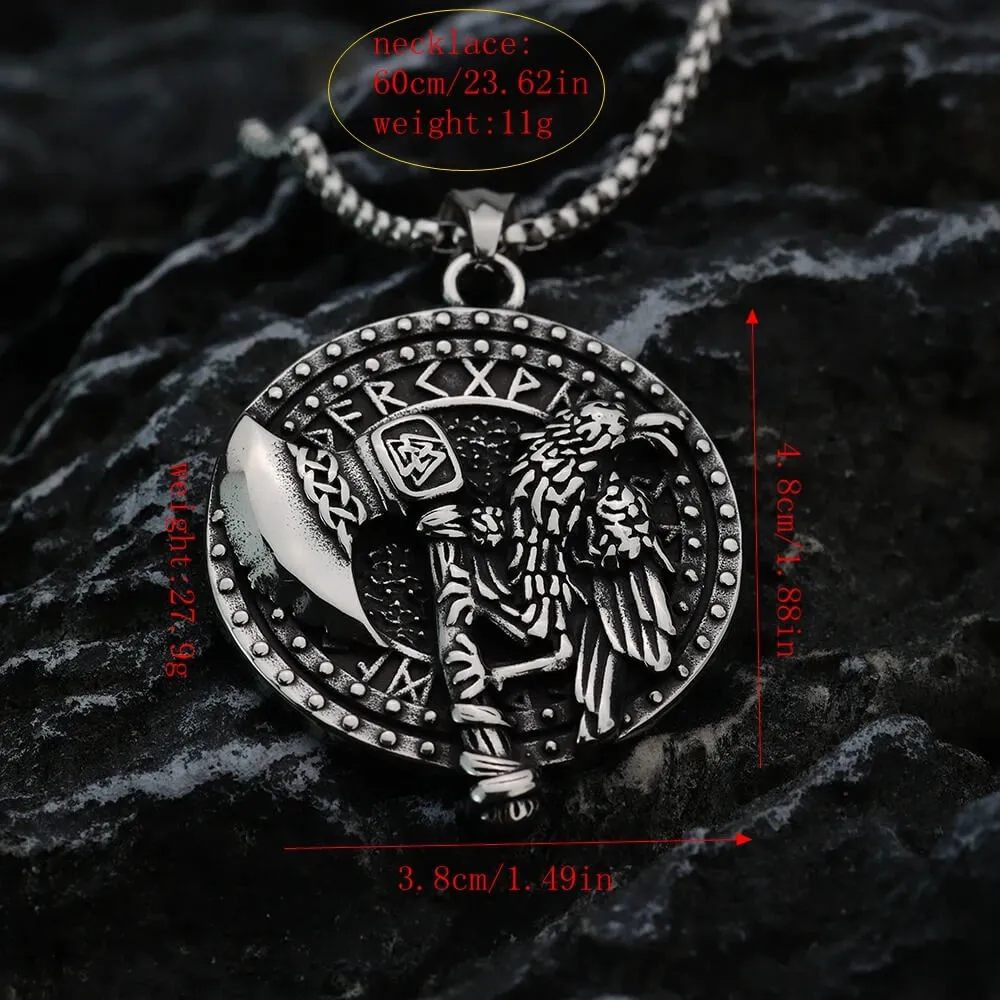 Nordic Rune Viking Axe Crow Pendant Necklace Stainless Steel