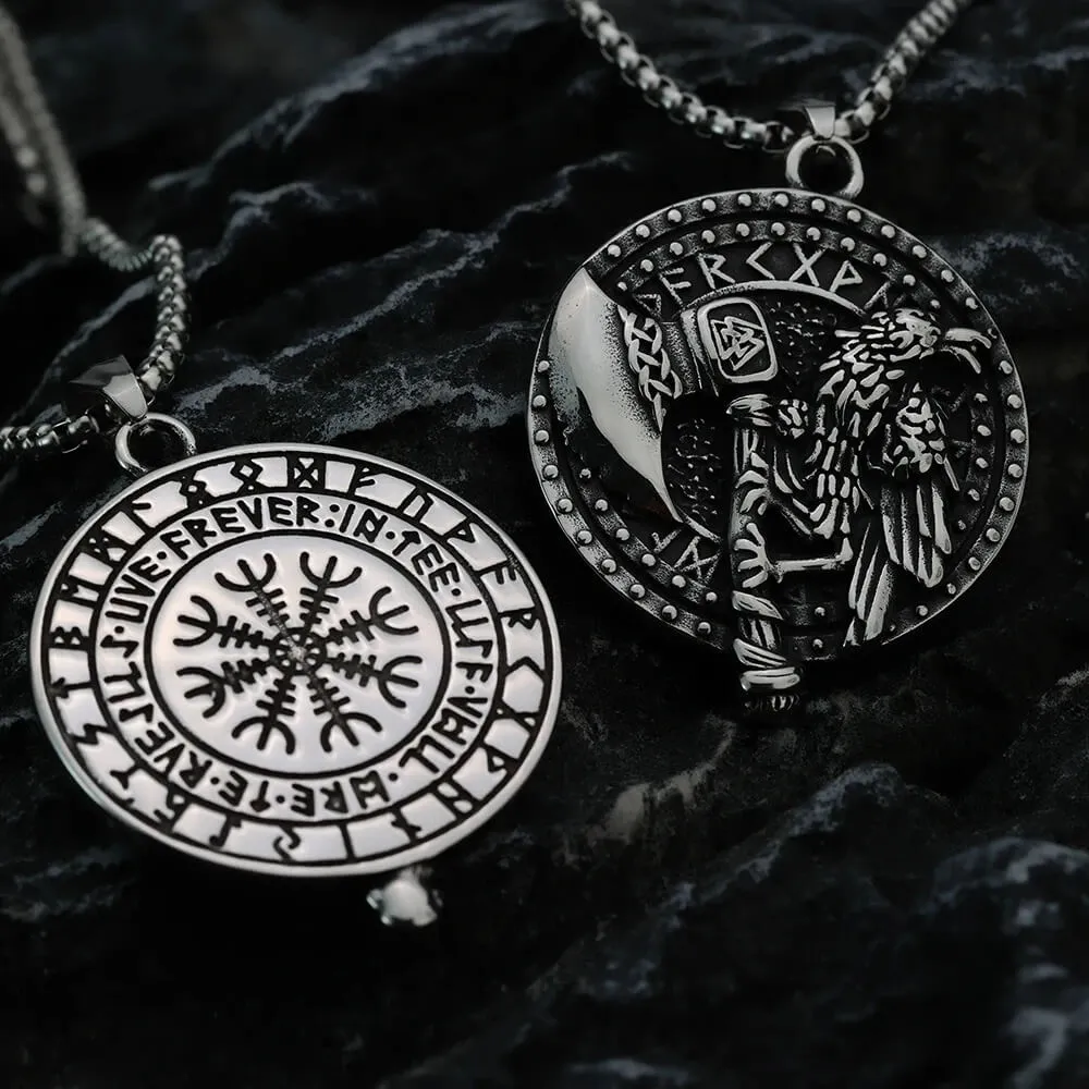 Nordic Rune Viking Axe Crow Pendant Necklace Stainless Steel