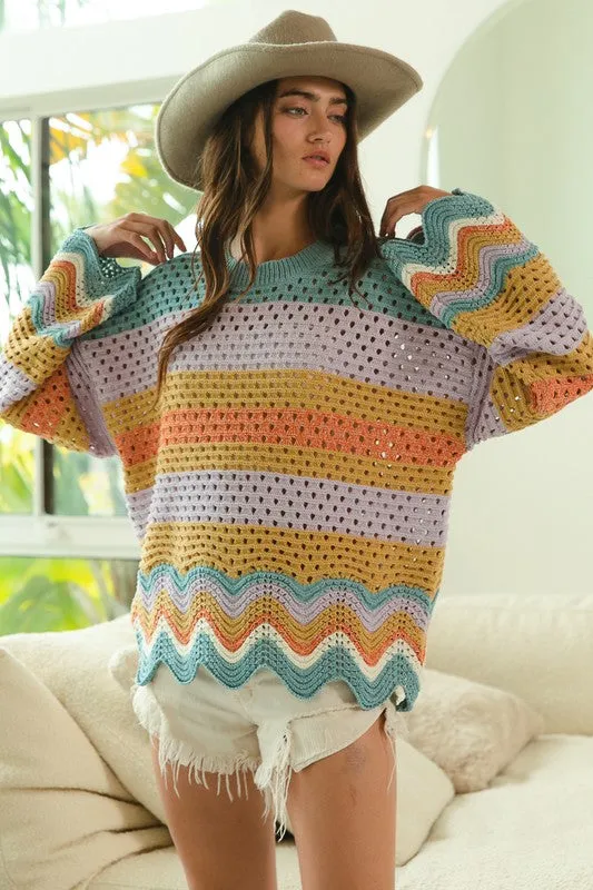 ONLINE EXCLUSIVE BiBi Wavy Hem Openwork Contrast Round Neck Sweater