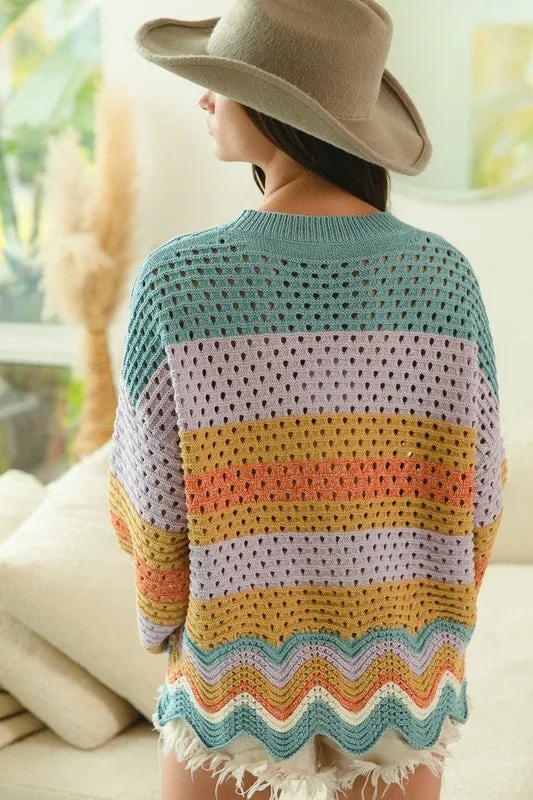 ONLINE EXCLUSIVE BiBi Wavy Hem Openwork Contrast Round Neck Sweater