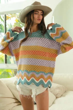 ONLINE EXCLUSIVE BiBi Wavy Hem Openwork Contrast Round Neck Sweater