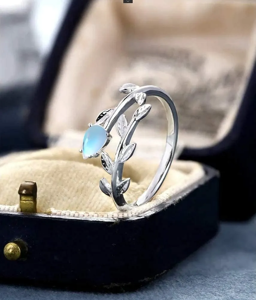 PRAYMOS 925 Sterling Silver Leaf Ring White Opal Moonstone Rings Adjustable Open Ring for Women with Jewelry Box Size 7-9