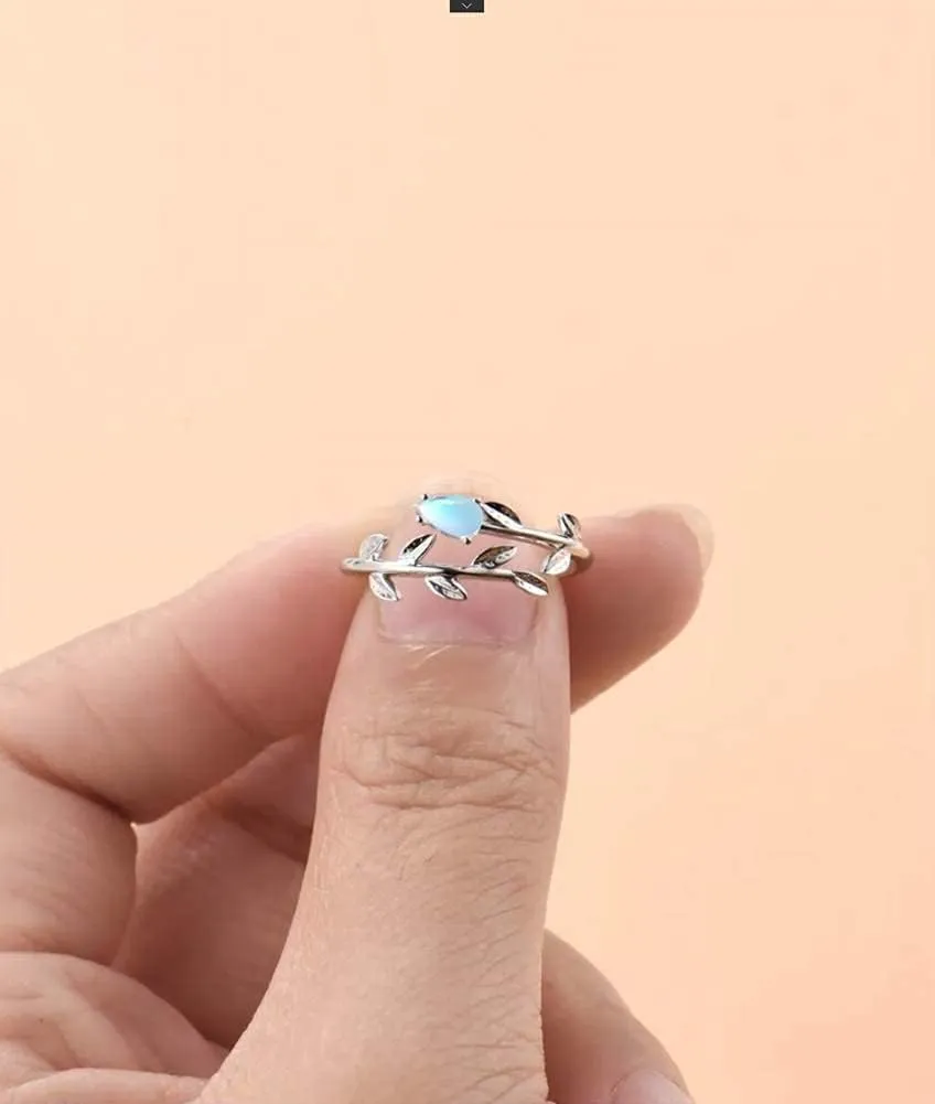 PRAYMOS 925 Sterling Silver Leaf Ring White Opal Moonstone Rings Adjustable Open Ring for Women with Jewelry Box Size 7-9