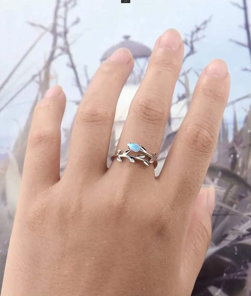 PRAYMOS 925 Sterling Silver Leaf Ring White Opal Moonstone Rings Adjustable Open Ring for Women with Jewelry Box Size 7-9