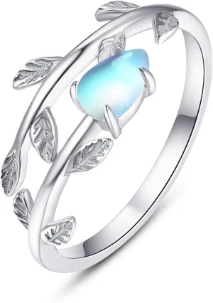PRAYMOS 925 Sterling Silver Leaf Ring White Opal Moonstone Rings Adjustable Open Ring for Women with Jewelry Box Size 7-9
