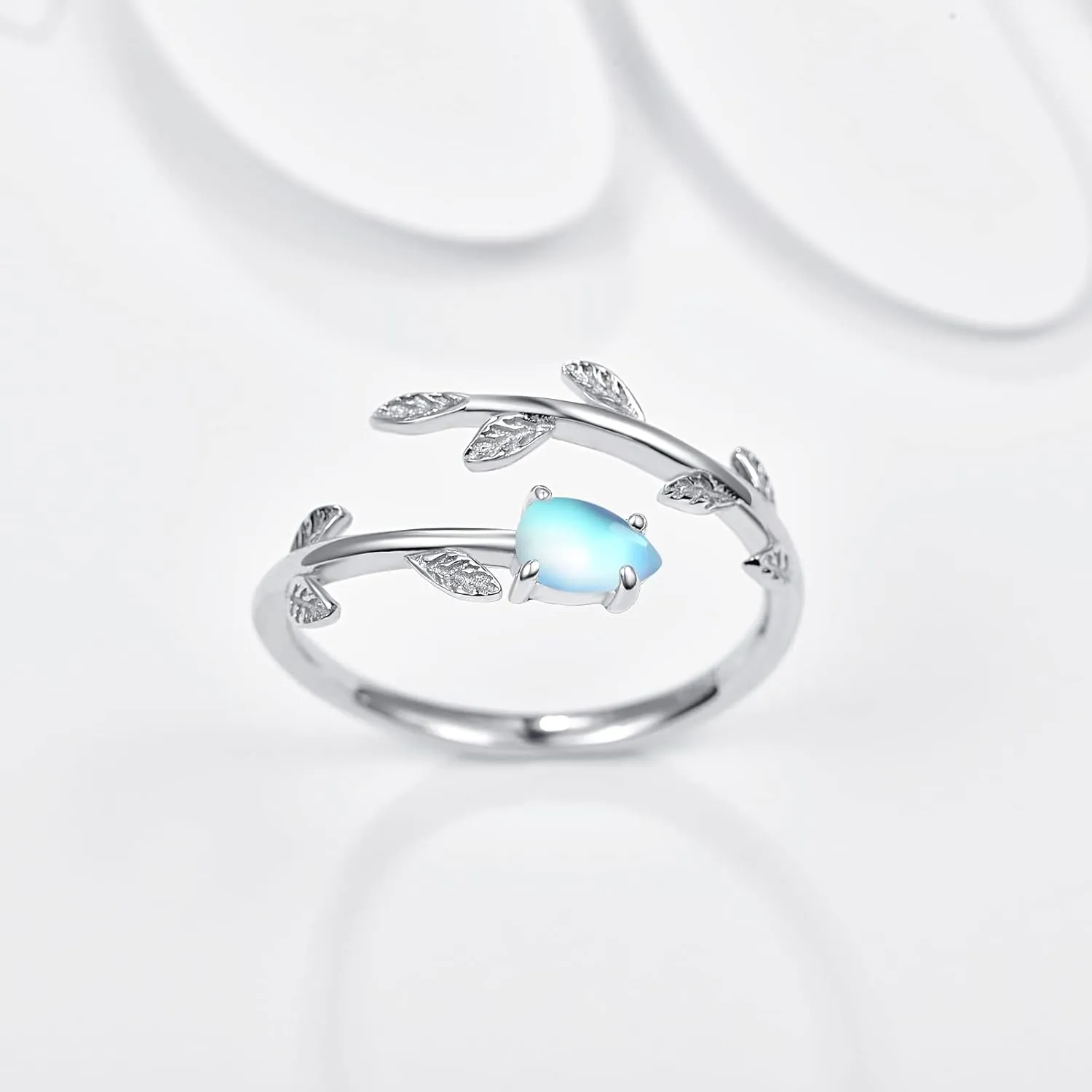 PRAYMOS 925 Sterling Silver Leaf Ring White Opal Moonstone Rings Adjustable Open Ring for Women with Jewelry Box Size 7-9