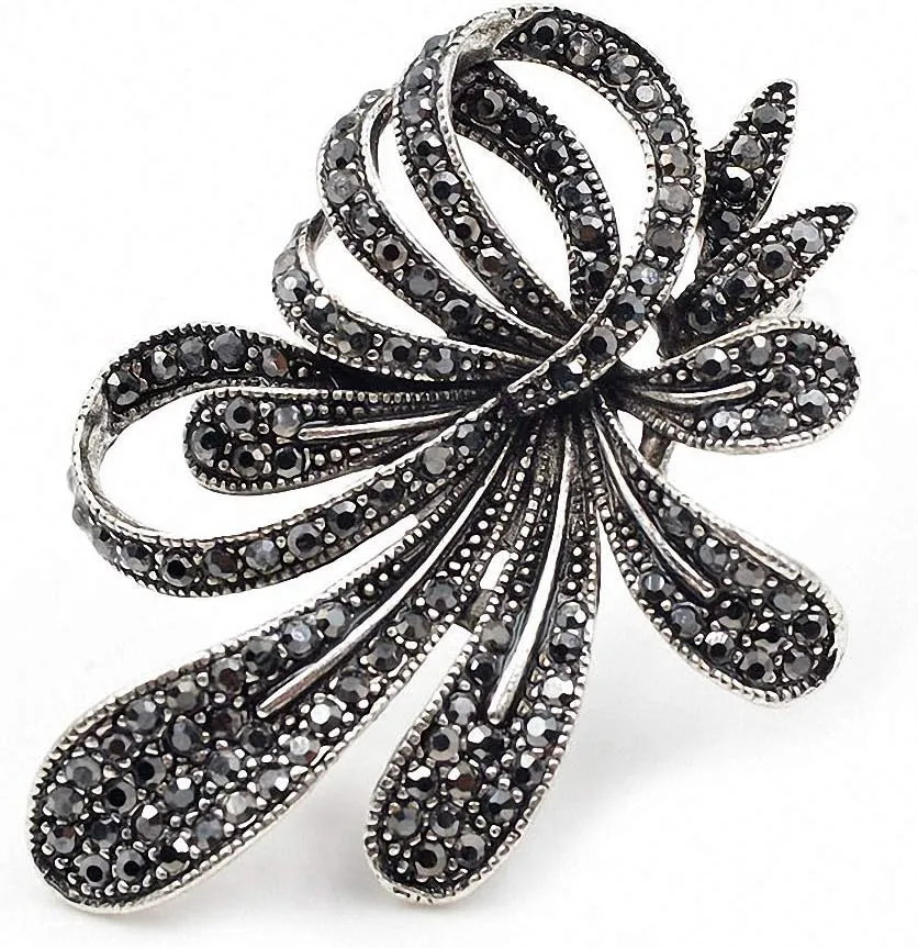 Rhinestone Black Flower Brooches Women Vintage Antique Silver Brooch Pin Elegant Exquisite Broches