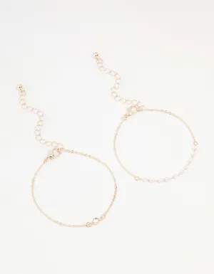 Rose Gold & Pearl Station Diamante Bracelets 2-Pack